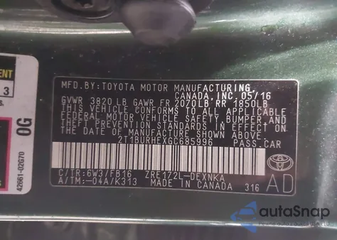 2016 Toyota Corolla Le from USA, damaged, VIN 2T1BURHEXGC685996